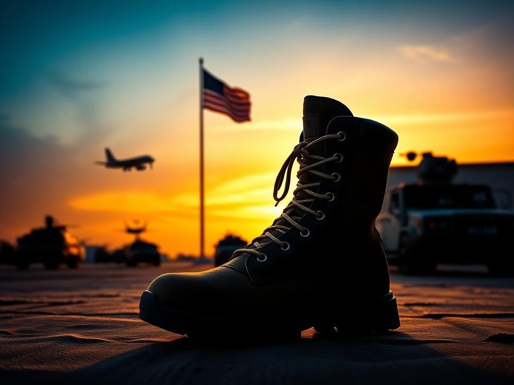 Flick International A female combat boot on a weathered canvas at a military base with silhouettes of vehicles and aircraft in the background