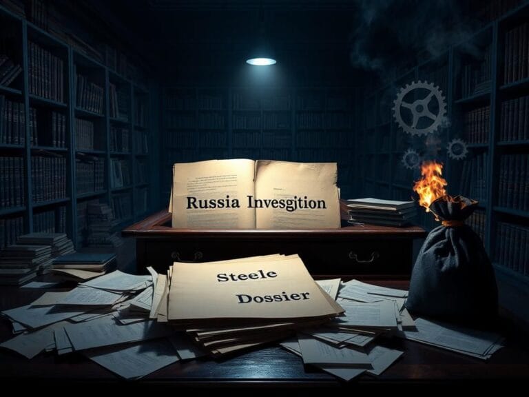 Flick International A dramatic scene of an old wooden desk with scattered documents related to the Russia investigation