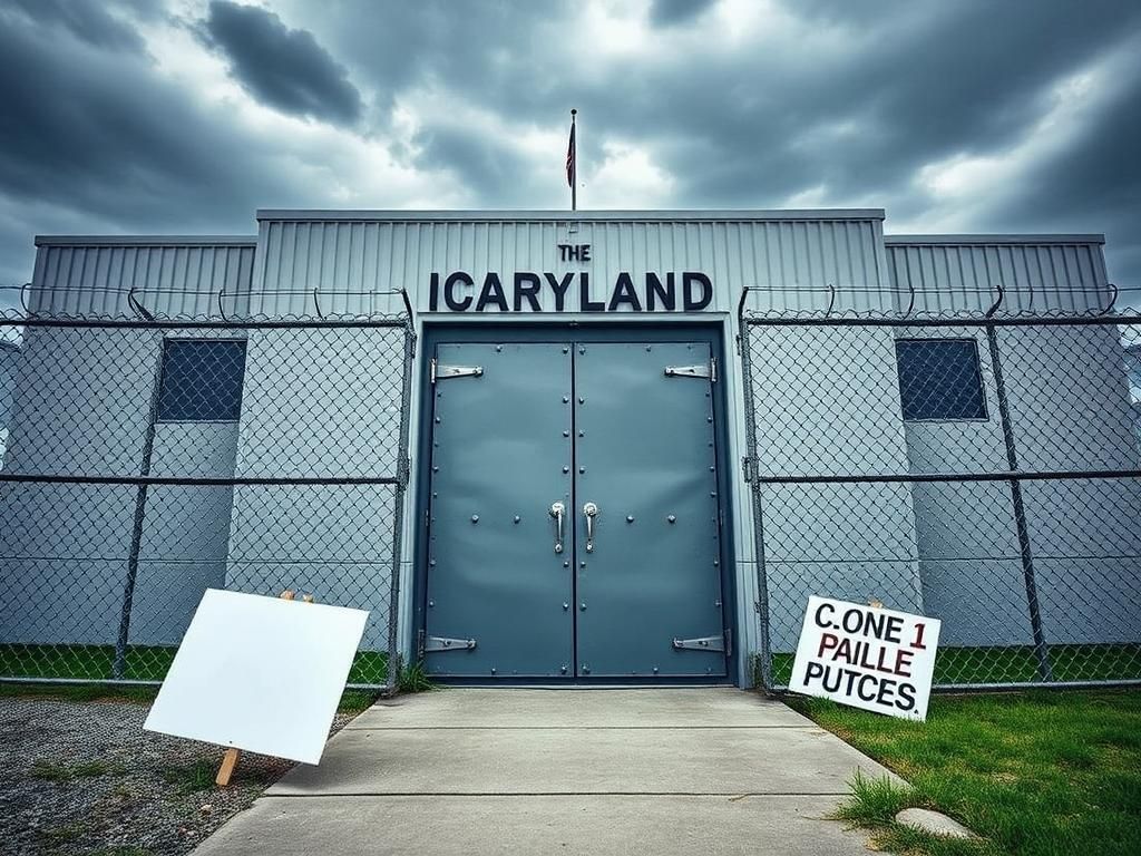 Flick International Exterior view of a Maryland ICE facility with heavy steel door and barbed wire fence