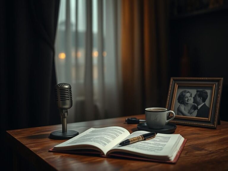Flick International A softly lit room with a vintage microphone on a wooden table, symbolizing Teddi Mellencamp's struggles post-cancer treatment