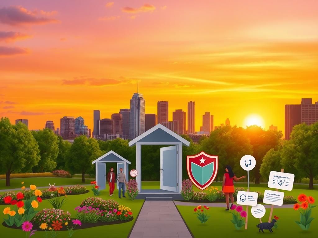 Flick International Colorful sunset over the Minneapolis skyline with community symbols for immigrant protection