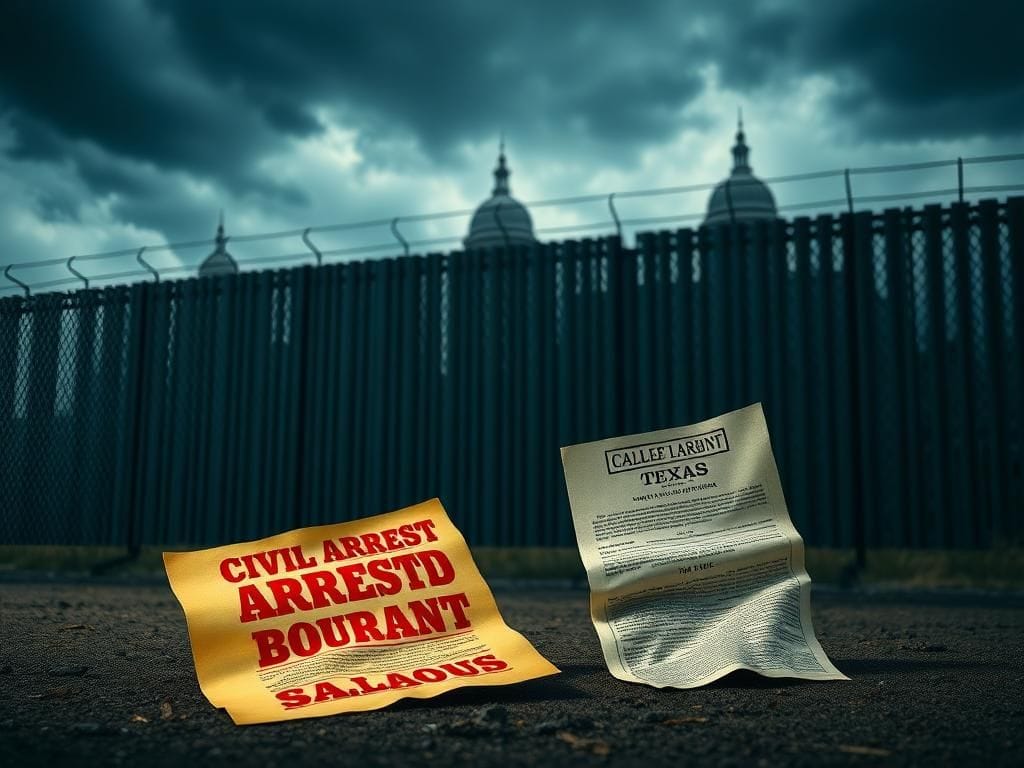 Flick International Abstract representation of a political struggle with a fortified wall and civil arrest warrants