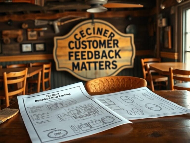 Flick International Rustic diner scene at Cracker Barrel with customer feedback signage and blueprints