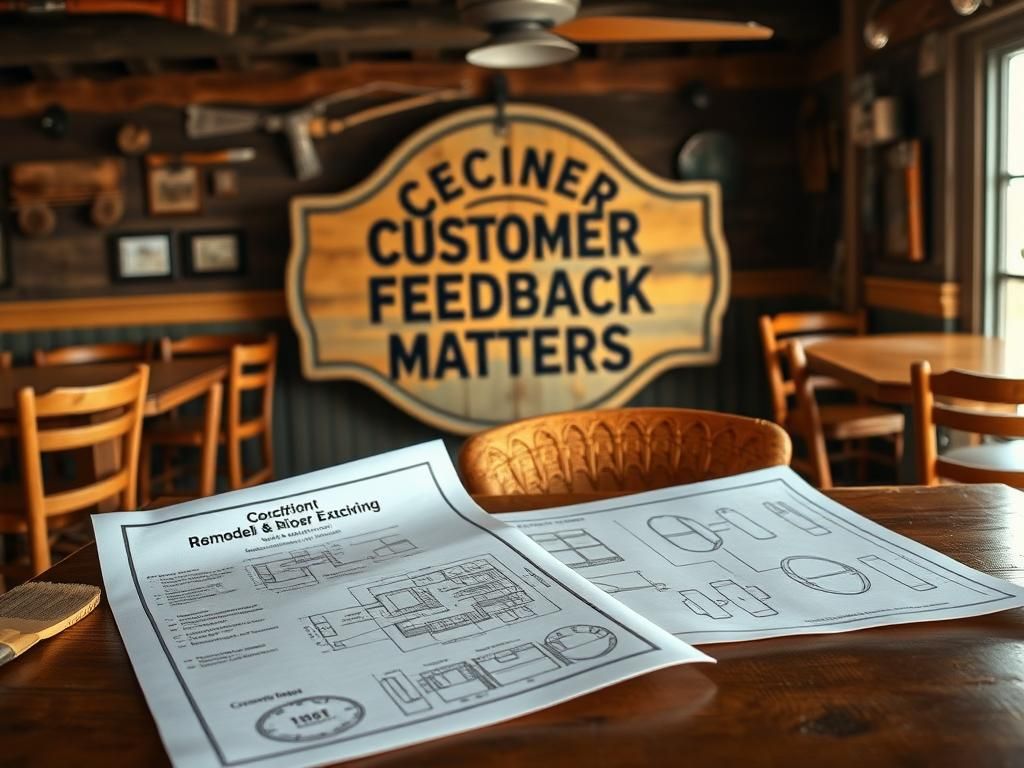 Flick International Rustic diner scene at Cracker Barrel with customer feedback signage and blueprints