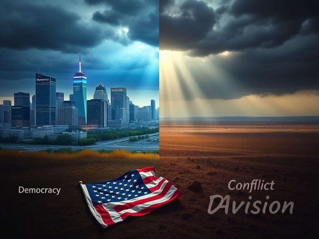 Flick International Symbolic representation of a divided America contrasting a vibrant cityscape and a desolate rural area