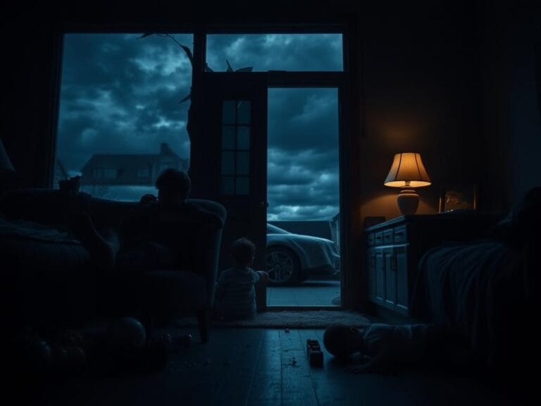 Flick International Dark interior of a suburban home with a shattered front door symbolizing a violent intrusion