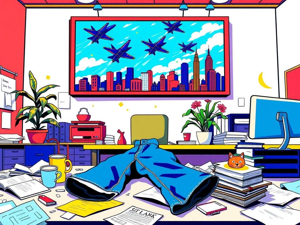 Flick International A chaotic office scene with a vivid billboard of military jets and crumpled jeans