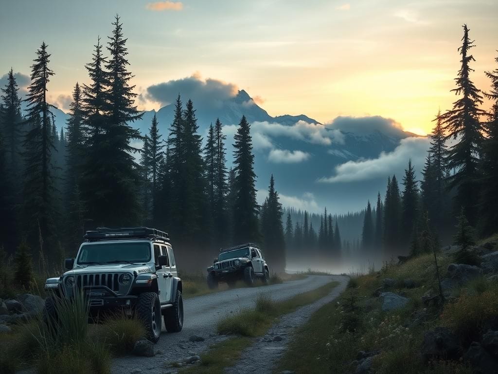 Flick International A serene Canadian mountain landscape showcasing a rugged forestry road and a crashed vehicle indicating a tragic accident.