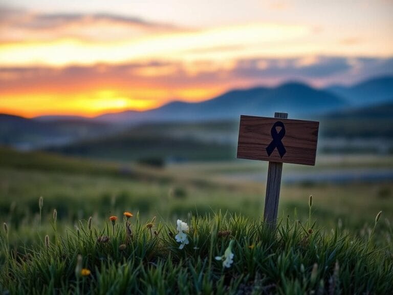 Flick International A serene Montana sunset landscape with wildflowers and a melanoma awareness ribbon sign