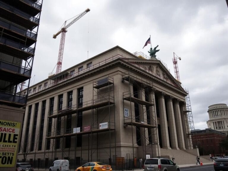 Flick International Exterior view of the Federal Reserve's Marriner S. Eccles Building under renovation with scaffolding and construction materials