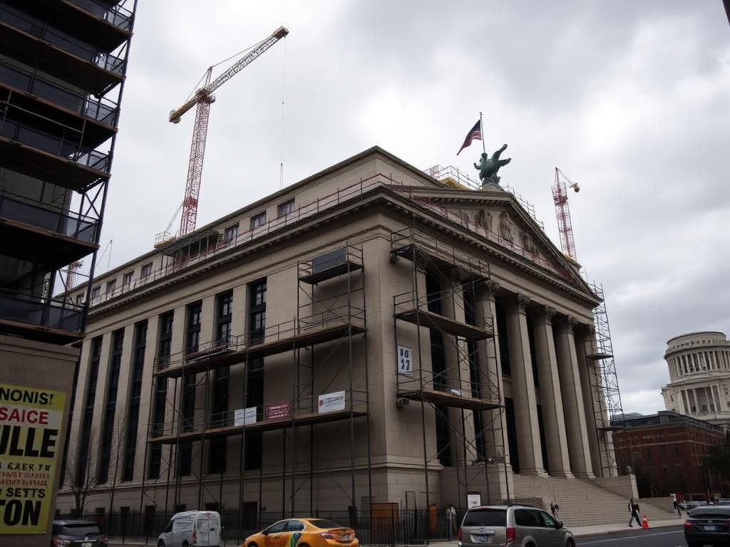 Flick International Exterior view of the Federal Reserve's Marriner S. Eccles Building under renovation with scaffolding and construction materials