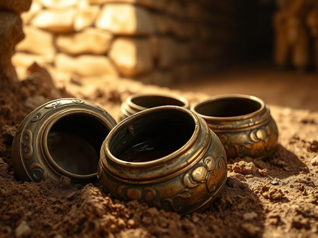 Flick International Close-up view of ancient bronze jars with honey residue from a 2,500-year-old archaeological site
