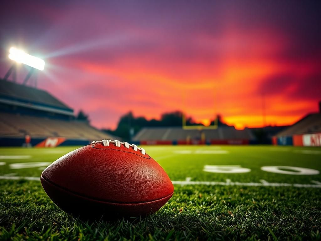 Flick International A close-up of a worn brown and orange football on grass with a dramatic stadium background