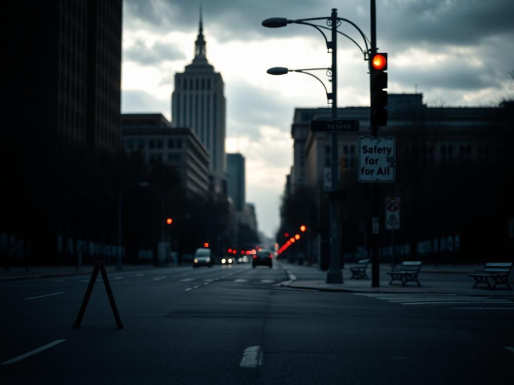 Flick International Dimly lit urban street scene in Washington, D.C. with police barriers and empty streets