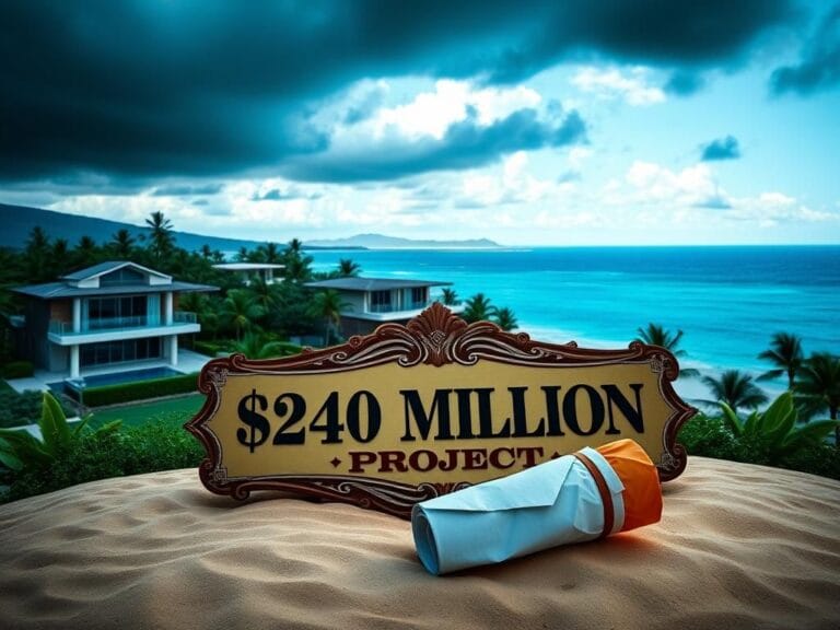 Flick International Dramatic view of a luxurious Hawaii real estate project with dark storm clouds overhead