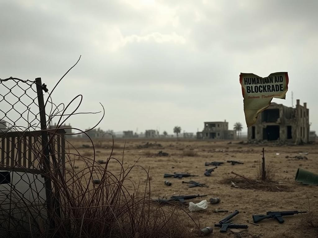 Flick International A desolate landscape illustrating the ongoing conflict in the Middle East with a broken fence and overcast sky