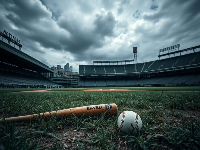 Flick International A somber scene of an empty baseball stadium with a cracked bat and an abandoned baseball, symbolizing loss and regret.