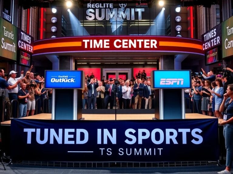 Flick International A vibrant scene of the debate stage with podiums for Clay Travis and Stephen A. Smith at the Front Office Sports media summit