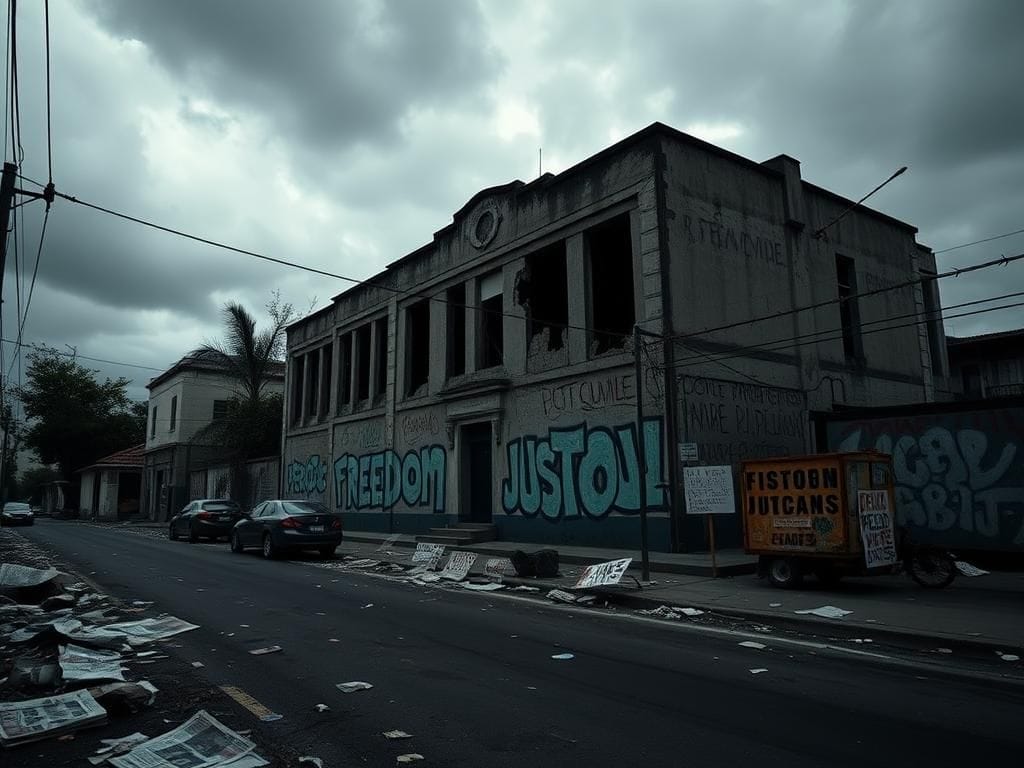 Flick International Crumbling Venezuelan government building with graffiti symbolizing the fight for human rights