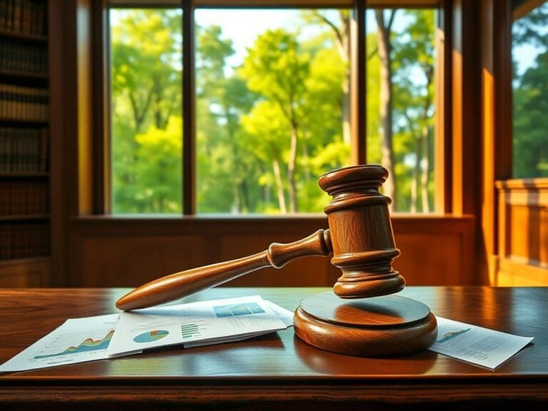 Flick International Serene courtroom with a gavel, legal books, and a view of lush greenery