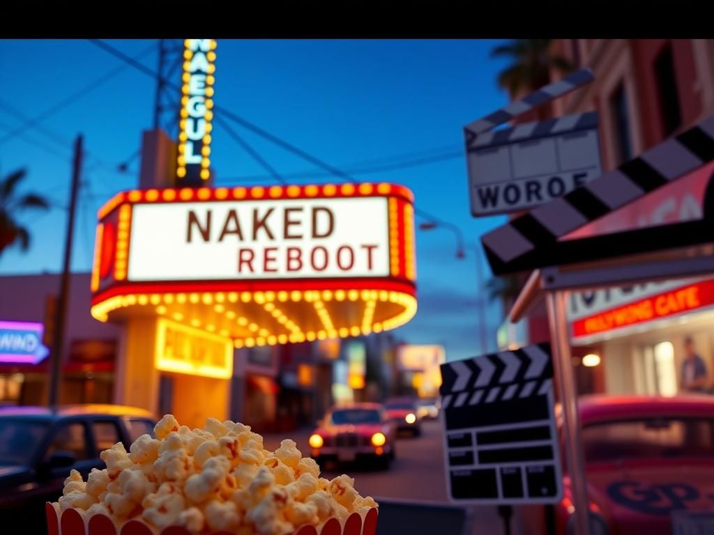 Flick International A vintage movie theater marquee displaying 'Naked Gun Reboot' amidst a bustling 1980s street scene