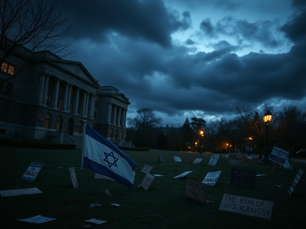 Flick International Exterior view of George Washington University at dusk, featuring an abandoned Israeli flag on a deserted lawn.