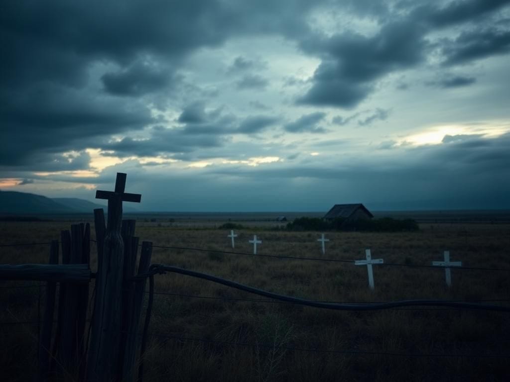 Flick International Distant view of a South African farm at dusk with weathered fence and memorial crosses