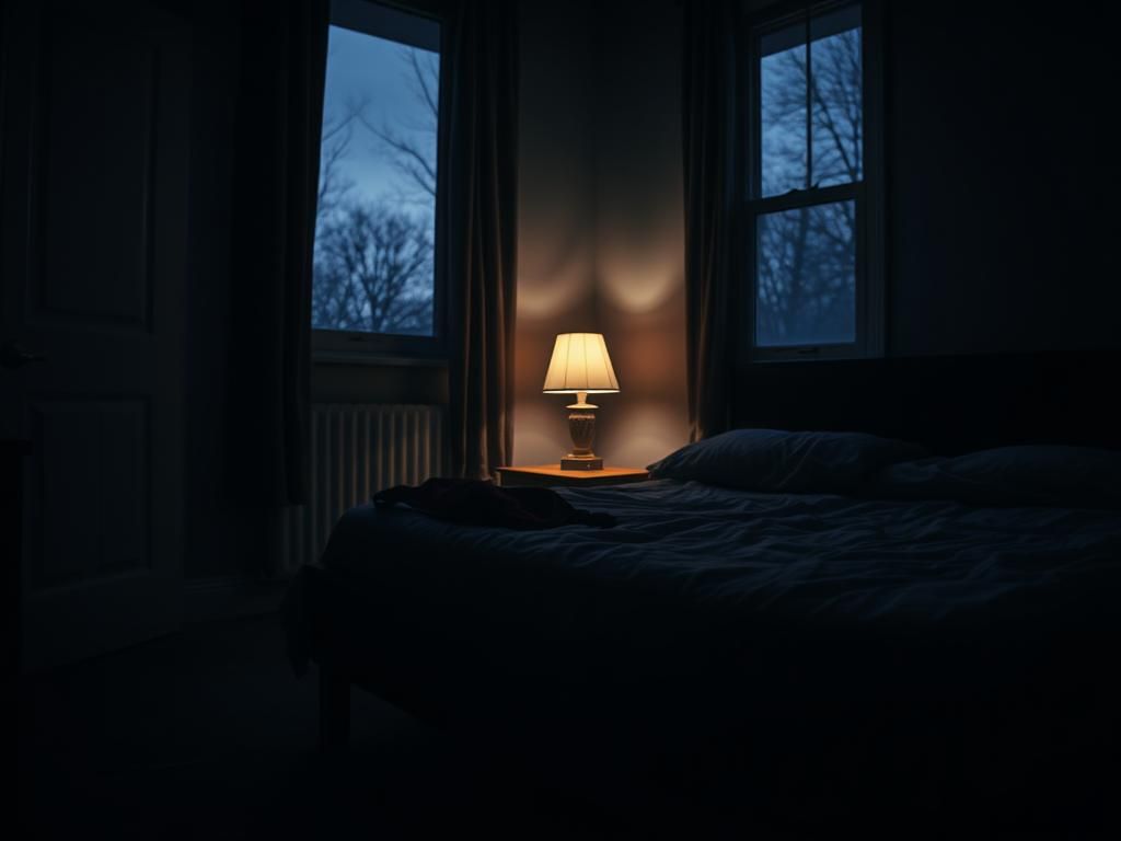 Flick International Dimly lit bedroom suggesting an unseen intruder with a partially open door and a discarded ski mask