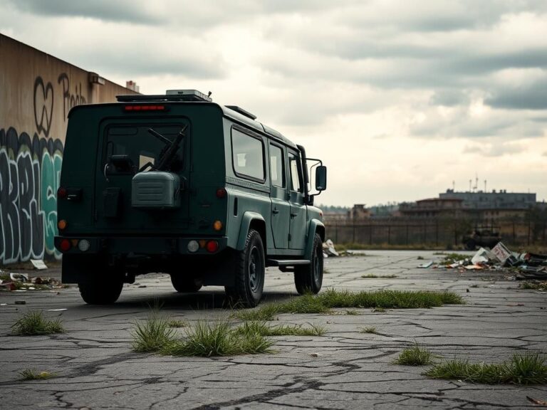Flick International Military-grade vehicle parked in a desolate urban landscape amidst signs of civil unrest