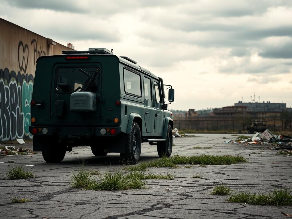 Flick International Military-grade vehicle parked in a desolate urban landscape amidst signs of civil unrest