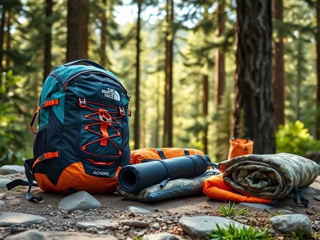 Flick International Vibrant outdoor scene featuring The North Face camping gear including a colorful backpack and tent