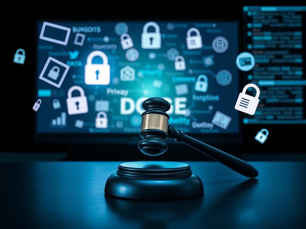 Flick International A courtroom scene with a gavel and floating data icons representing privacy