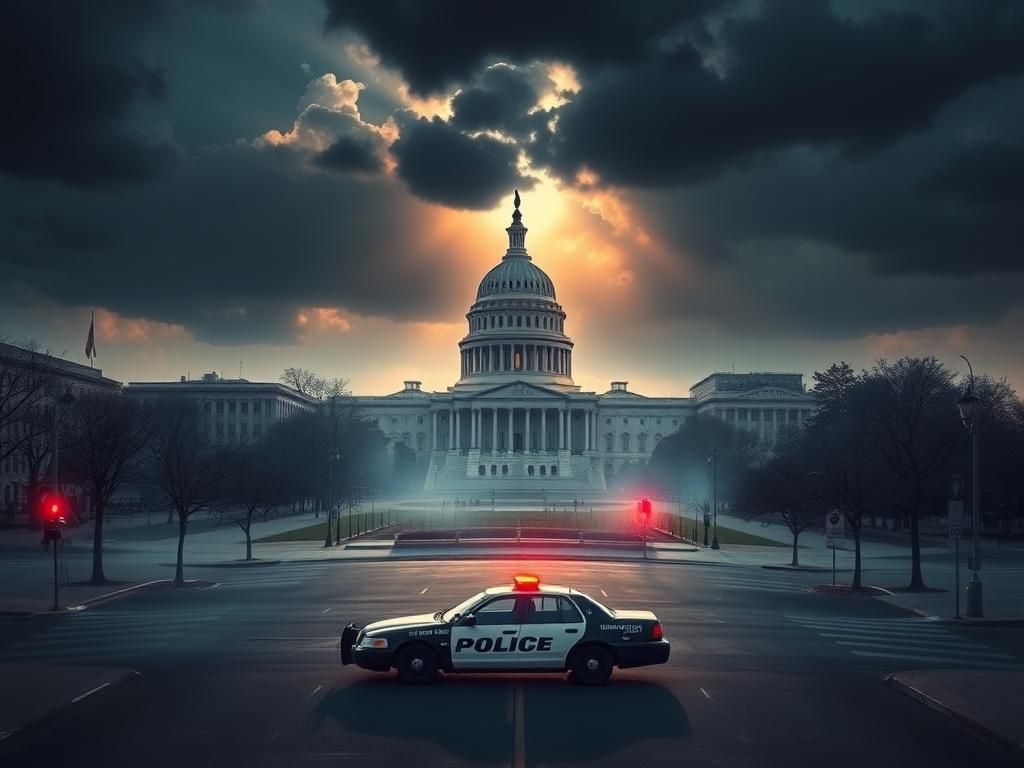 Flick International Aerial view of Washington, D.C. showing the Capitol Building and the White House amid an empty street and storm clouds.
