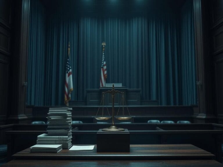Flick International Dimly lit courtroom with a judge's bench and legal materials, portraying a sense of secrecy.