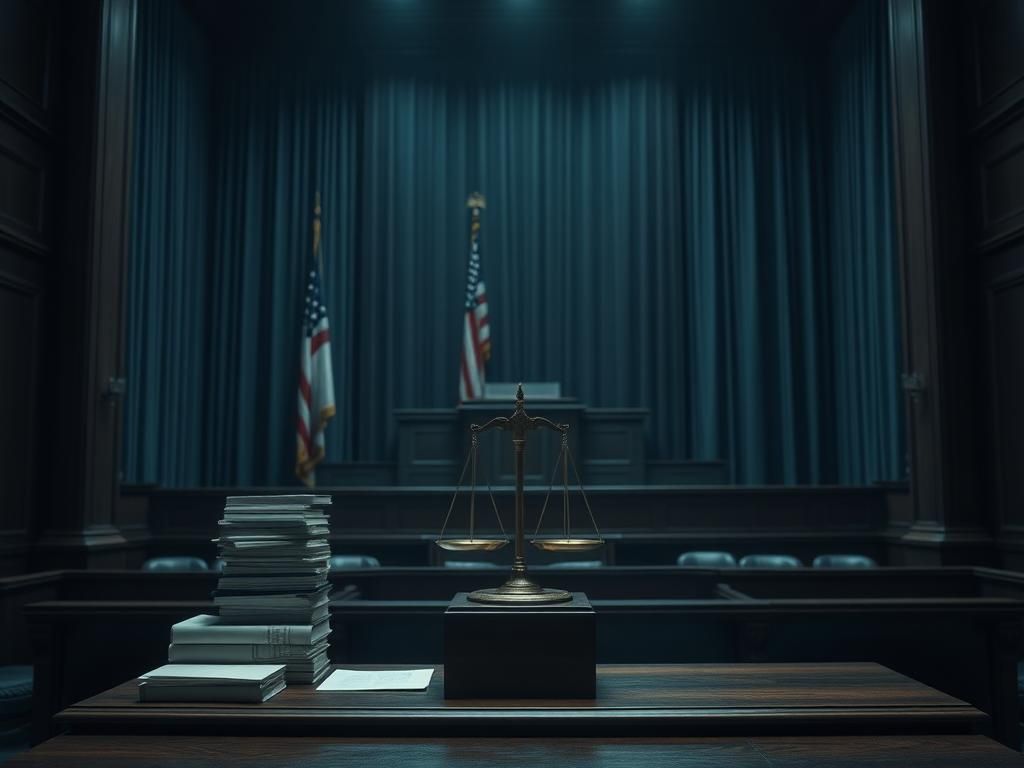 Flick International Dimly lit courtroom with a judge's bench and legal materials, portraying a sense of secrecy.