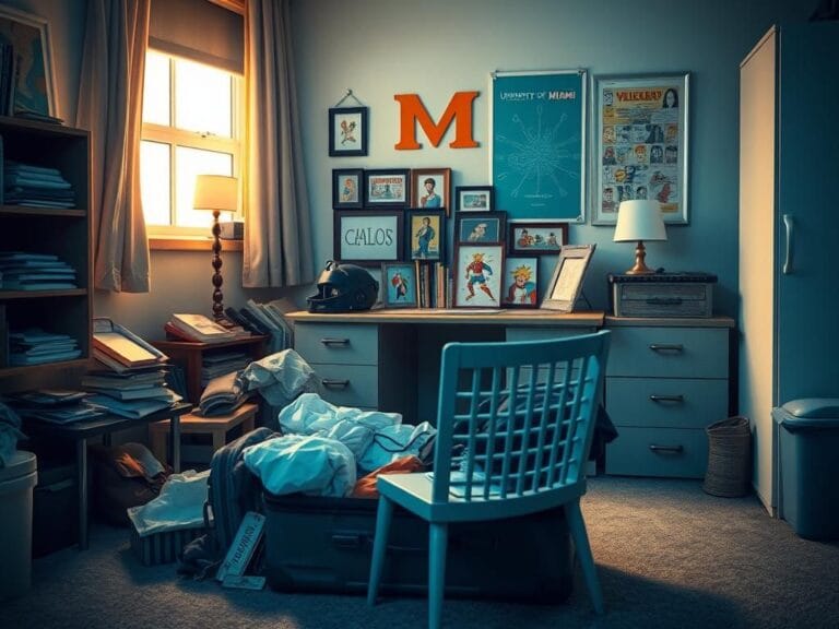 Flick International emotional scene of Lauren Sánchez Bezos dropping off her son at college with unpacked suitcase and dorm decor