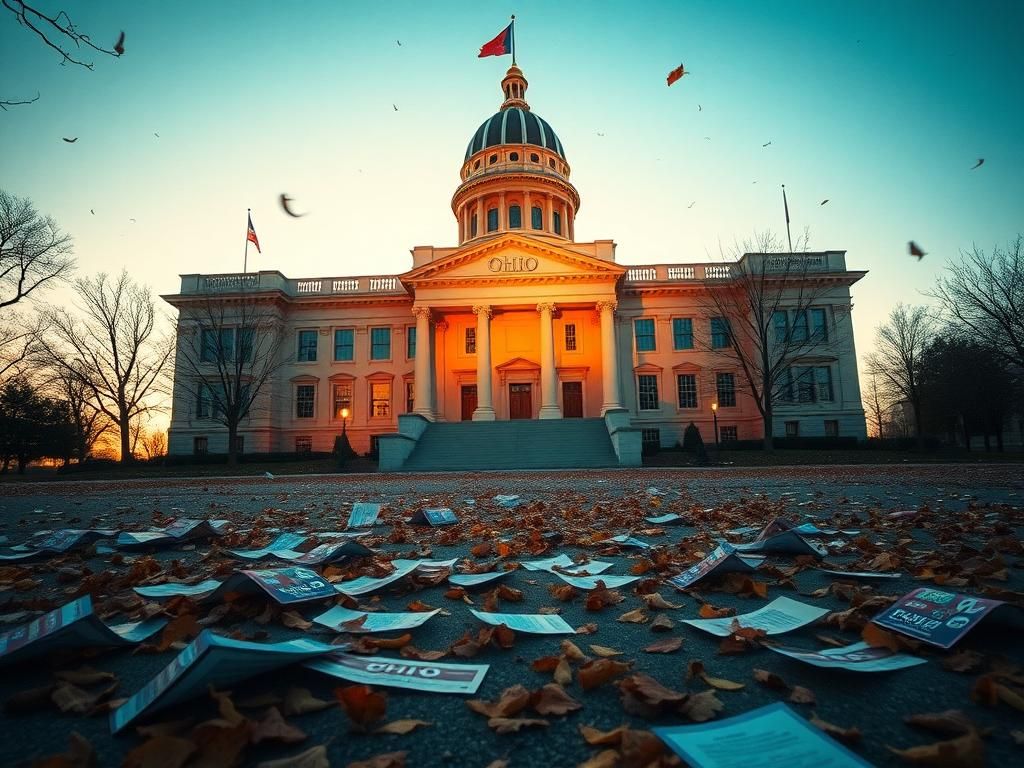 Flick International Empty Ohio statehouse at dawn with campaign materials hinting at past elections