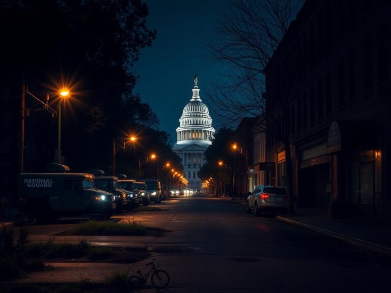 Flick International National Guard vehicles parked in a shadowy urban street in Washington D.C. at dusk