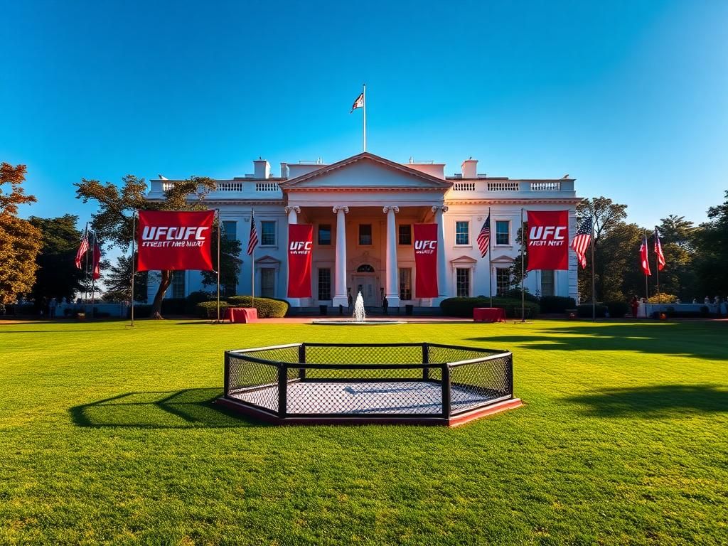Flick International UFC octagon set up on the White House south lawn with American flags and neon lights