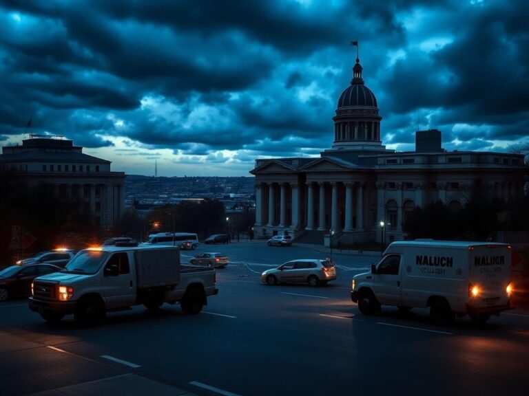 Flick International Tense urban landscape with military vehicles in front of a historic government building at dusk