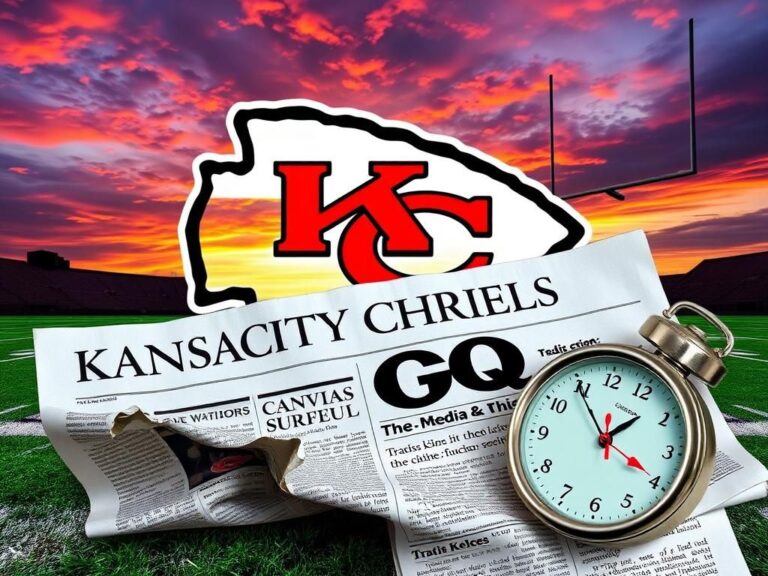 Flick International A dramatic collage featuring the Kansas City Chiefs logo with a football field backdrop and elements of sports media.