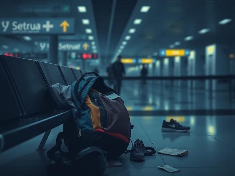 Flick International Dimly lit airport terminal with a colorful abandoned backpack symbolizing emotional turmoil