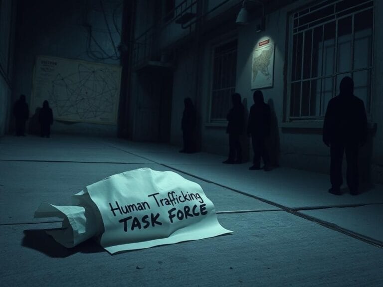 Flick International A somber urban scene depicting abstract shapes representing the elusive nature of human trafficking.