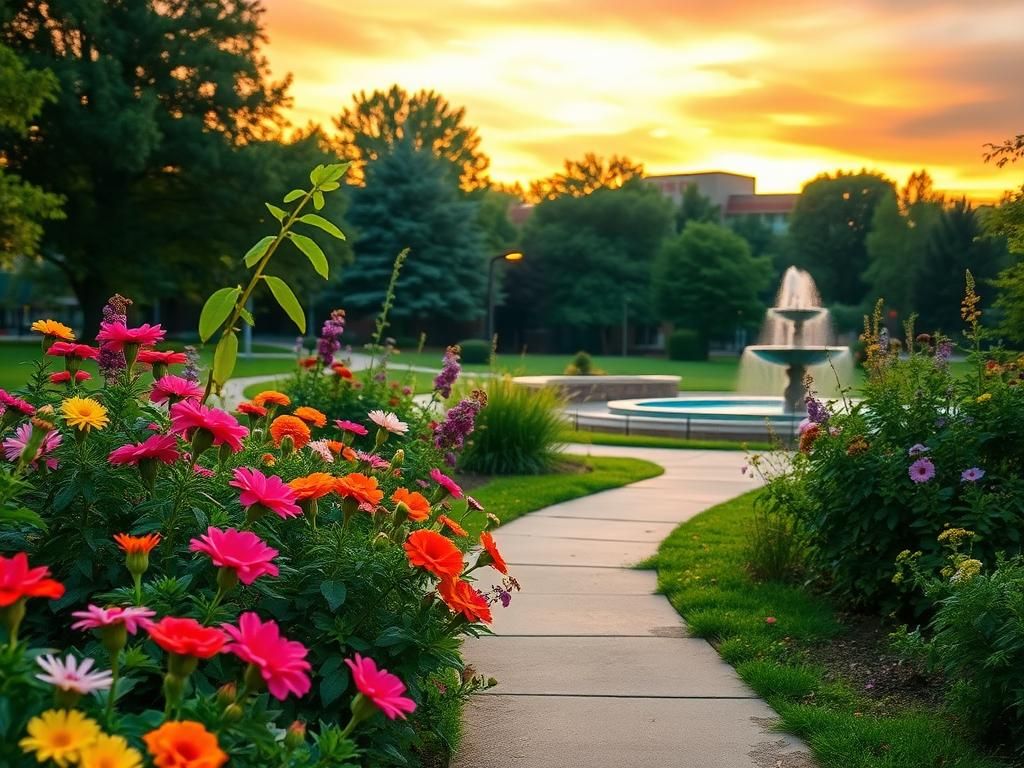 Flick International Peaceful hospital garden in Richmond, Virginia, with vibrant flowers and a gentle fountain