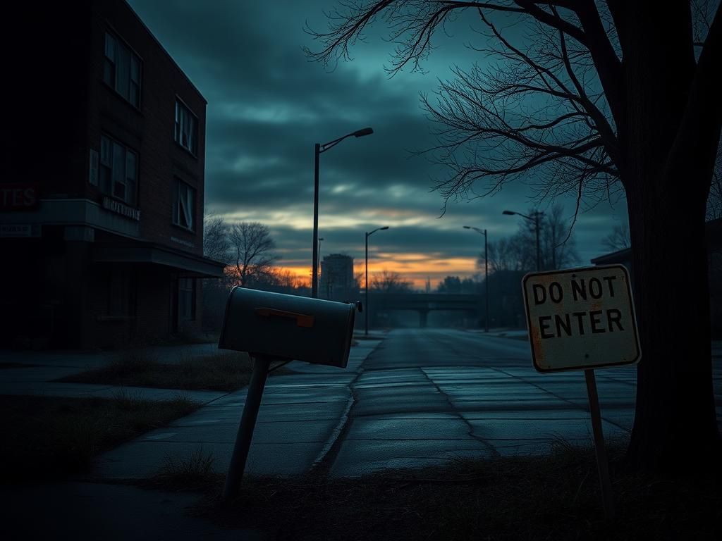 Flick International Abandoned Detroit street at dusk with a silhouette of an old building