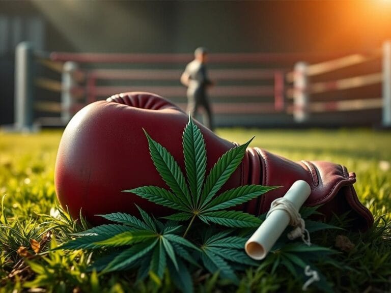 Flick International A worn boxing glove surrounded by cannabis leaves on grassy ground
