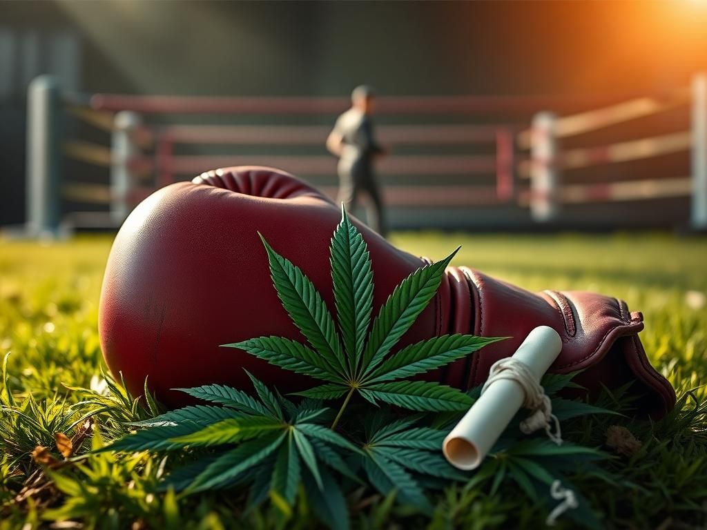 Flick International A worn boxing glove surrounded by cannabis leaves on grassy ground