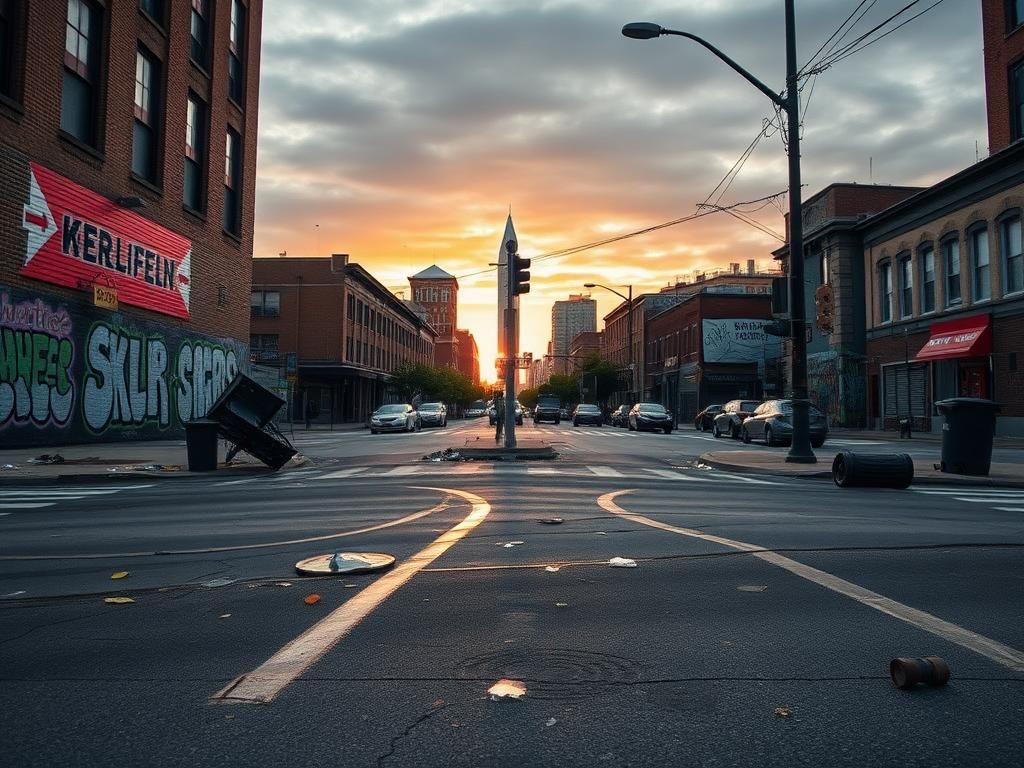 Flick International Urban street scene in Cincinnati showcasing remnants of a recent confrontation