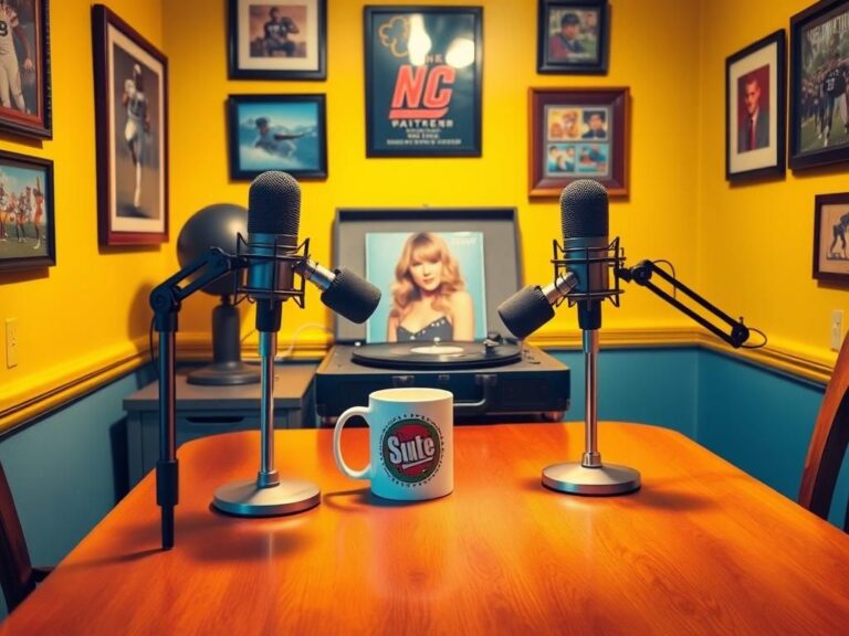 Flick International Cozy podcast recording studio with microphones and a Taylor Swift album cover