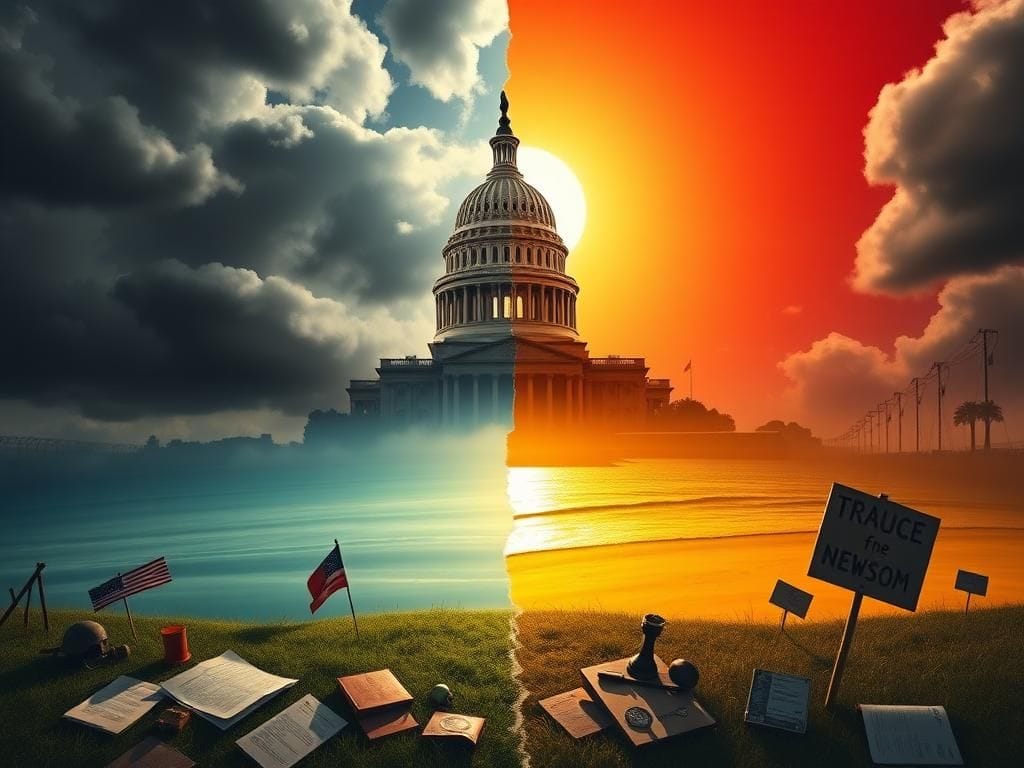 Flick International A split landscape depicting political tension between Trump and Newsom, with a dark Capitol and bright California coastline.